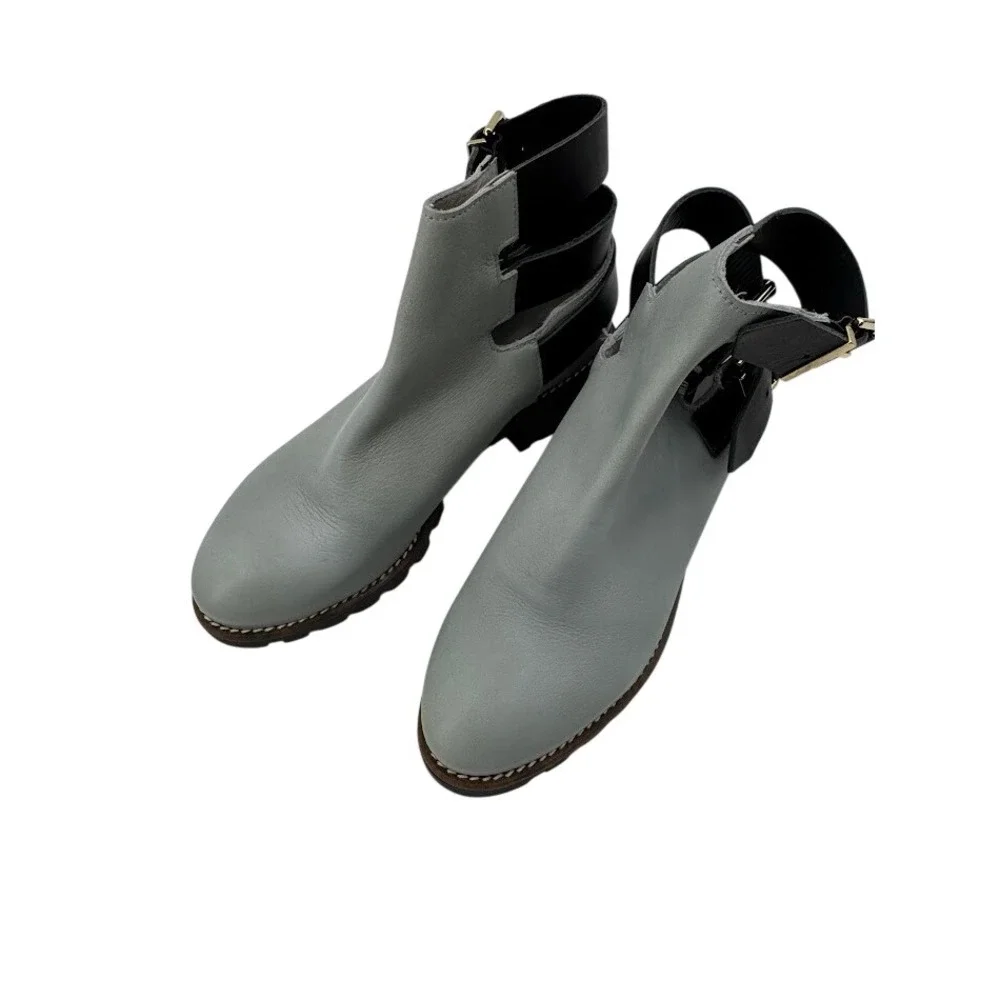 Miista Cecelia Back Strap Ankle Boot Light‎ Blue Leather Chunky Heel Size 37